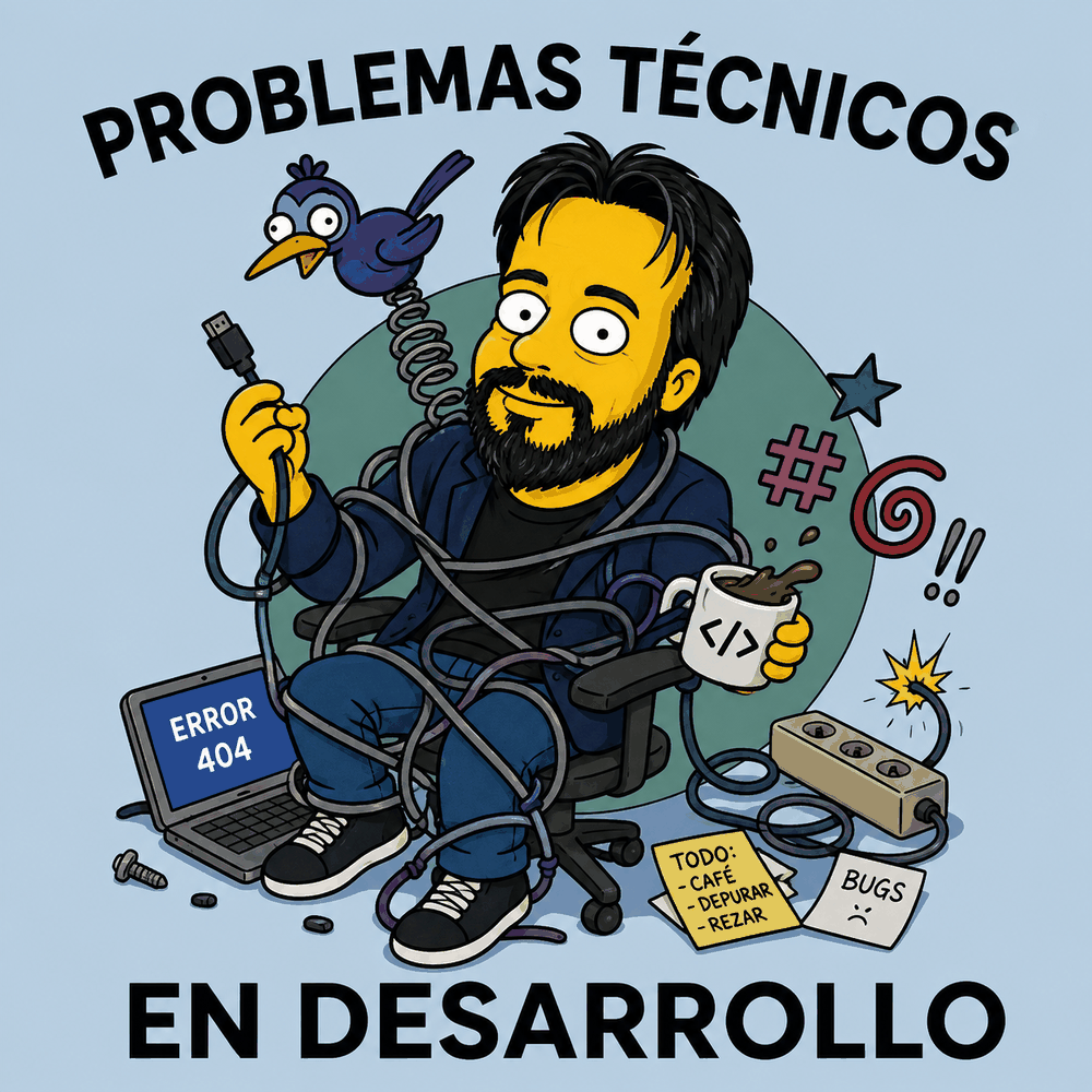 Ilustración: una persona desarrolladora enredada en cables, con una laptop marcando ERROR 404 y una taza de café. Texto: Problemas técnicos — En desarrollo.